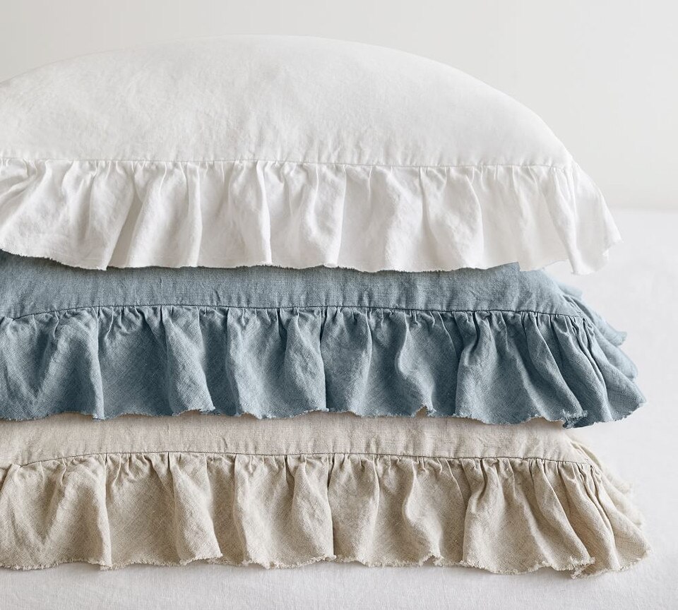 Belgian Flax Linen Fringe Ruffle Duvet Cover & Shams Chambray